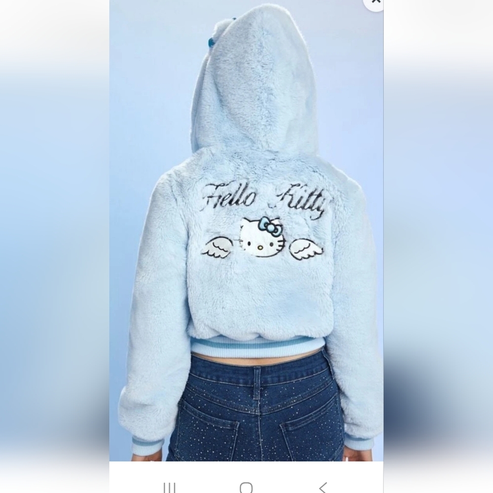 Sanrio HELLO KITTY Forever 21  Babu Blue Angel Fuzzy Hoodie Jacket Faux Fur Sz L
